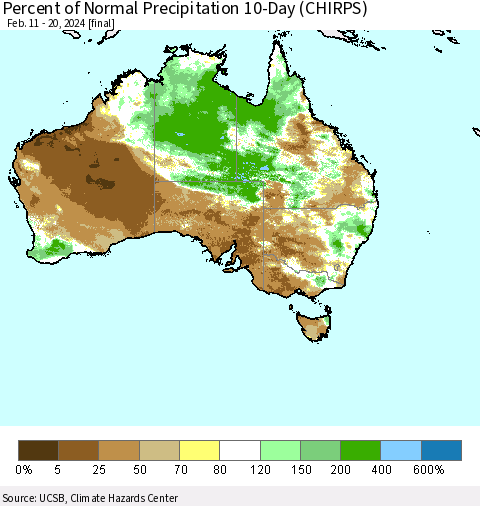 Australia Percent of Normal Precipitation 10-Day (CHIRPS) Thematic Map For 2/11/2024 - 2/20/2024