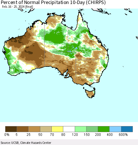 Australia Percent of Normal Precipitation 10-Day (CHIRPS) Thematic Map For 2/16/2024 - 2/25/2024