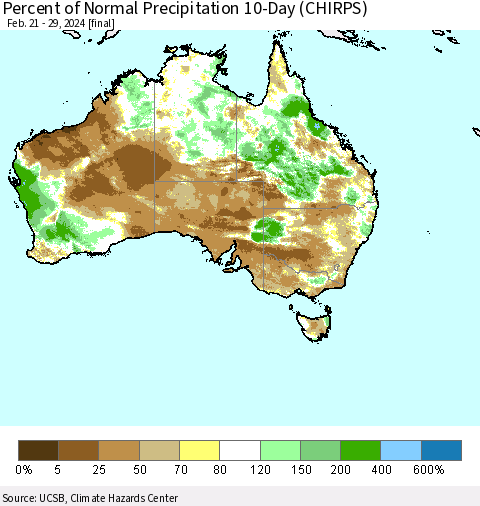 Australia Percent of Normal Precipitation 10-Day (CHIRPS) Thematic Map For 2/21/2024 - 2/29/2024