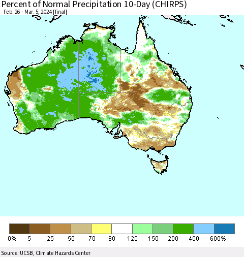 Australia Percent of Normal Precipitation 10-Day (CHIRPS) Thematic Map For 2/26/2024 - 3/5/2024