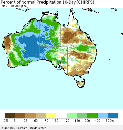 Australia Percent of Normal Precipitation 10-Day (CHIRPS) Thematic Map For 3/1/2024 - 3/10/2024