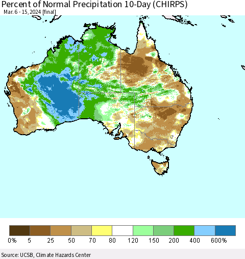 Australia Percent of Normal Precipitation 10-Day (CHIRPS) Thematic Map For 3/6/2024 - 3/15/2024