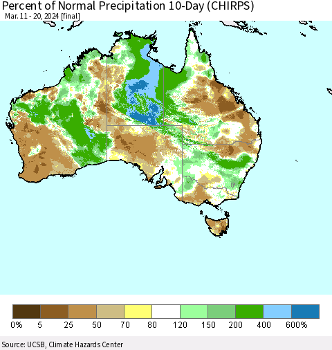 Australia Percent of Normal Precipitation 10-Day (CHIRPS) Thematic Map For 3/11/2024 - 3/20/2024