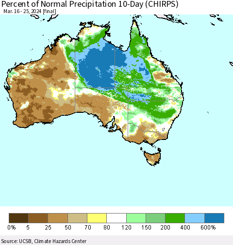 Australia Percent of Normal Precipitation 10-Day (CHIRPS) Thematic Map For 3/16/2024 - 3/25/2024