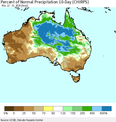 Australia Percent of Normal Precipitation 10-Day (CHIRPS) Thematic Map For 3/21/2024 - 3/31/2024