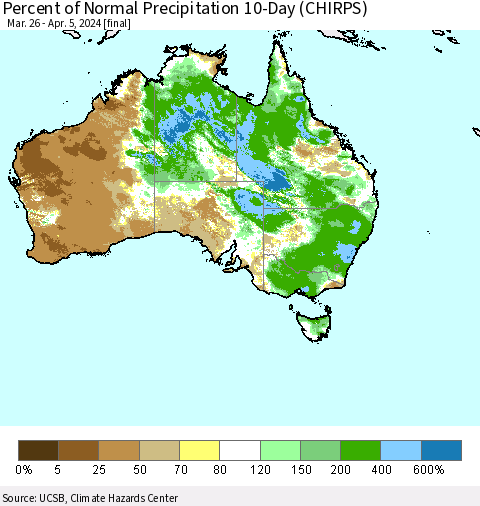 Australia Percent of Normal Precipitation 10-Day (CHIRPS) Thematic Map For 3/26/2024 - 4/5/2024