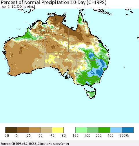 Australia Percent of Normal Precipitation 10-Day (CHIRPS) Thematic Map For 4/1/2024 - 4/10/2024