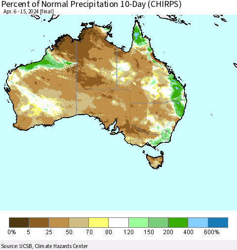 Australia Percent of Normal Precipitation 10-Day (CHIRPS) Thematic Map For 4/6/2024 - 4/15/2024