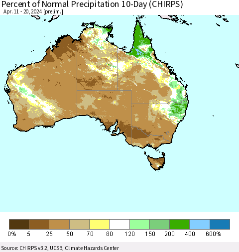 Australia Percent of Normal Precipitation 10-Day (CHIRPS) Thematic Map For 4/11/2024 - 4/20/2024