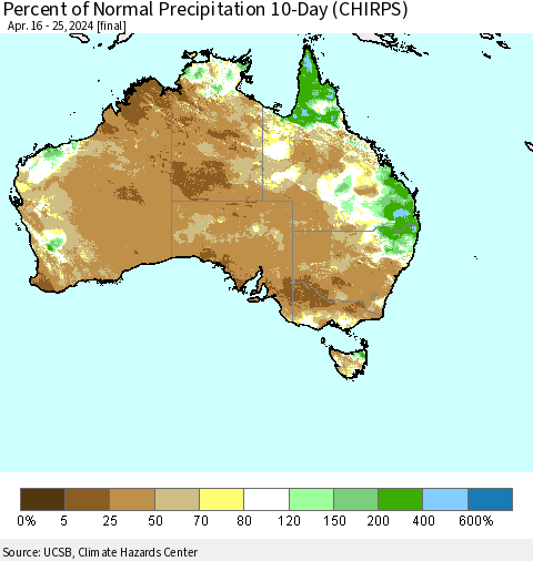 Australia Percent of Normal Precipitation 10-Day (CHIRPS) Thematic Map For 4/16/2024 - 4/25/2024