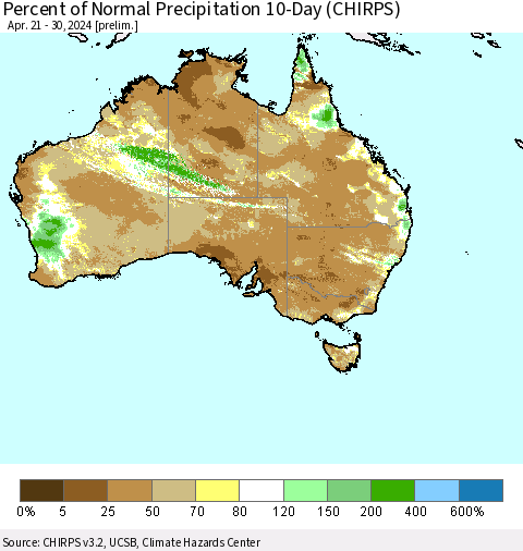 Australia Percent of Normal Precipitation 10-Day (CHIRPS) Thematic Map For 4/21/2024 - 4/30/2024