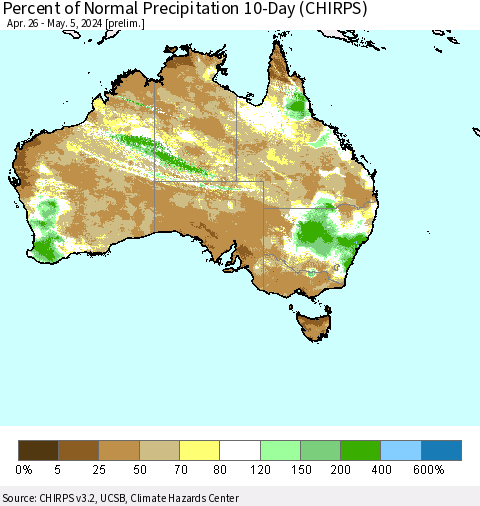 Australia Percent of Normal Precipitation 10-Day (CHIRPS) Thematic Map For 4/26/2024 - 5/5/2024