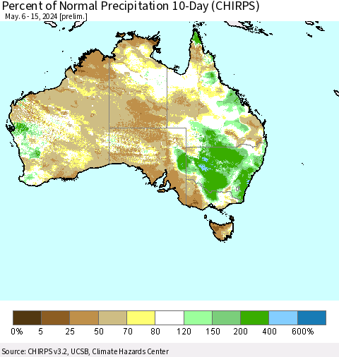 Australia Percent of Normal Precipitation 10-Day (CHIRPS) Thematic Map For 5/6/2024 - 5/15/2024