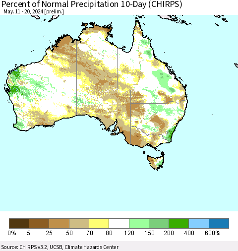 Australia Percent of Normal Precipitation 10-Day (CHIRPS) Thematic Map For 5/11/2024 - 5/20/2024
