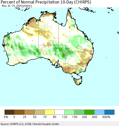 Australia Percent of Normal Precipitation 10-Day (CHIRPS) Thematic Map For 5/16/2024 - 5/25/2024