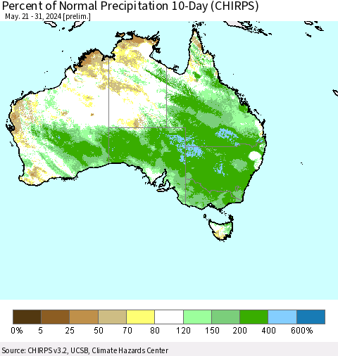 Australia Percent of Normal Precipitation 10-Day (CHIRPS) Thematic Map For 5/21/2024 - 5/31/2024