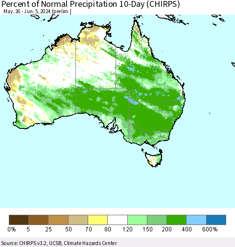 Australia Percent of Normal Precipitation 10-Day (CHIRPS) Thematic Map For 5/26/2024 - 6/5/2024