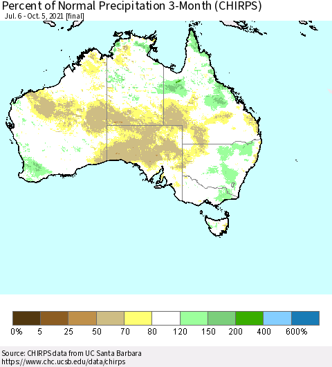 Australia Percent of Normal Precipitation 3-Month (CHIRPS) Thematic Map For 7/6/2021 - 10/5/2021