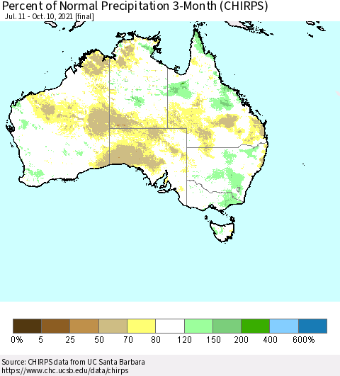 Australia Percent of Normal Precipitation 3-Month (CHIRPS) Thematic Map For 7/11/2021 - 10/10/2021