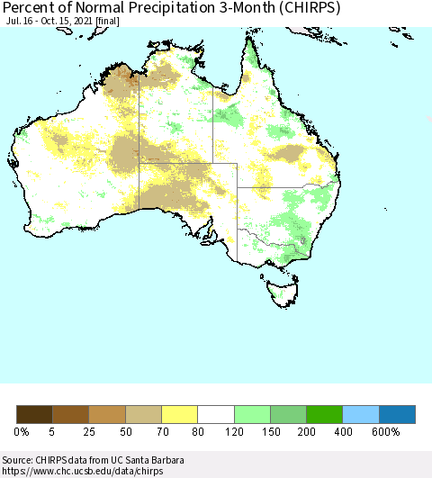 Australia Percent of Normal Precipitation 3-Month (CHIRPS) Thematic Map For 7/16/2021 - 10/15/2021