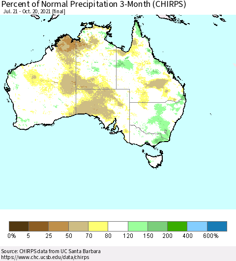 Australia Percent of Normal Precipitation 3-Month (CHIRPS) Thematic Map For 7/21/2021 - 10/20/2021