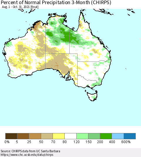 Australia Percent of Normal Precipitation 3-Month (CHIRPS) Thematic Map For 8/1/2021 - 10/31/2021