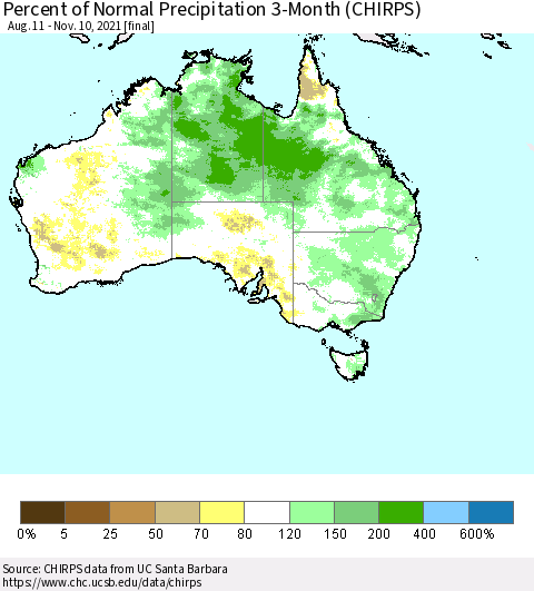 Australia Percent of Normal Precipitation 3-Month (CHIRPS) Thematic Map For 8/11/2021 - 11/10/2021