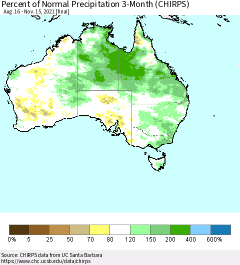 Australia Percent of Normal Precipitation 3-Month (CHIRPS) Thematic Map For 8/16/2021 - 11/15/2021