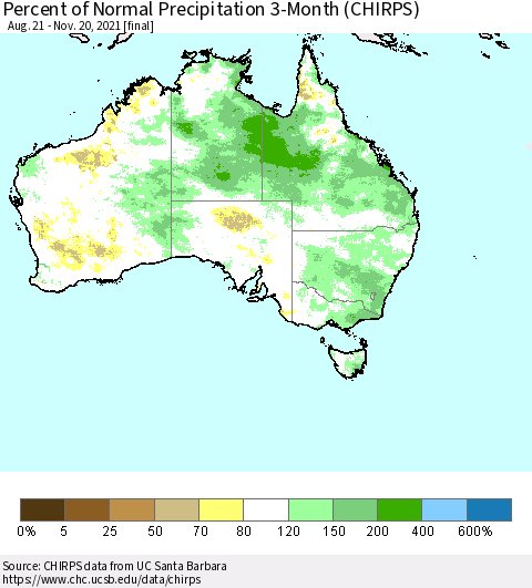 Australia Percent of Normal Precipitation 3-Month (CHIRPS) Thematic Map For 8/21/2021 - 11/20/2021