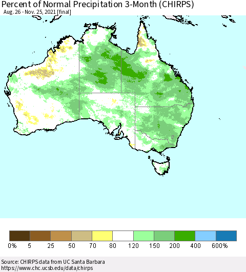 Australia Percent of Normal Precipitation 3-Month (CHIRPS) Thematic Map For 8/26/2021 - 11/25/2021