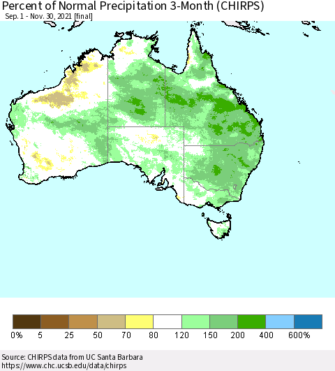 Australia Percent of Normal Precipitation 3-Month (CHIRPS) Thematic Map For 9/1/2021 - 11/30/2021