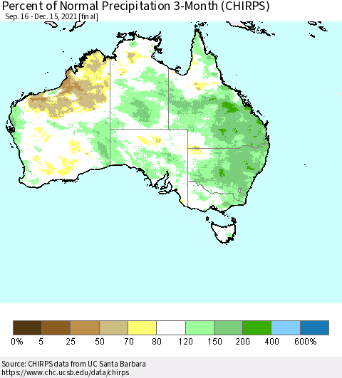 Australia Percent of Normal Precipitation 3-Month (CHIRPS) Thematic Map For 9/16/2021 - 12/15/2021
