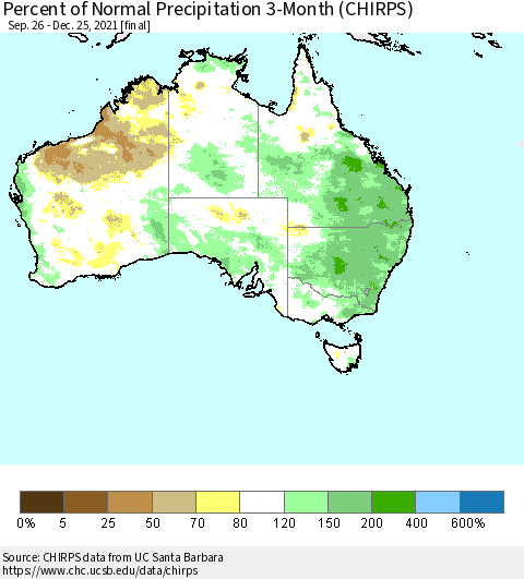 Australia Percent of Normal Precipitation 3-Month (CHIRPS) Thematic Map For 9/26/2021 - 12/25/2021