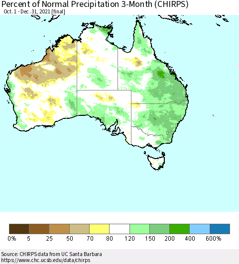 Australia Percent of Normal Precipitation 3-Month (CHIRPS) Thematic Map For 10/1/2021 - 12/31/2021