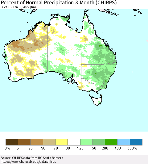 Australia Percent of Normal Precipitation 3-Month (CHIRPS) Thematic Map For 10/6/2021 - 1/5/2022