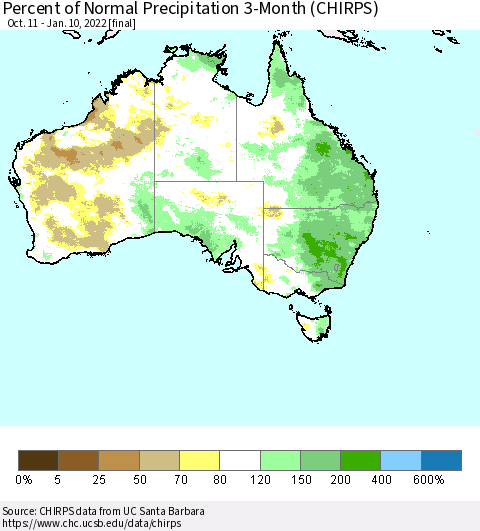 Australia Percent of Normal Precipitation 3-Month (CHIRPS) Thematic Map For 10/11/2021 - 1/10/2022