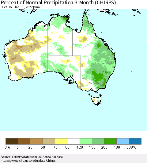 Australia Percent of Normal Precipitation 3-Month (CHIRPS) Thematic Map For 10/16/2021 - 1/15/2022