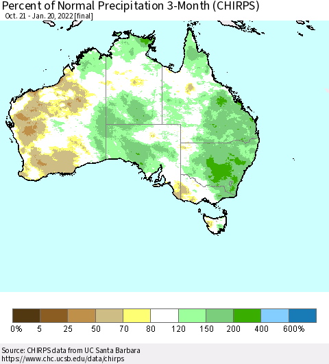 Australia Percent of Normal Precipitation 3-Month (CHIRPS) Thematic Map For 10/21/2021 - 1/20/2022