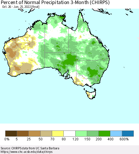 Australia Percent of Normal Precipitation 3-Month (CHIRPS) Thematic Map For 10/26/2021 - 1/25/2022