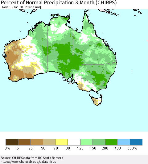 Australia Percent of Normal Precipitation 3-Month (CHIRPS) Thematic Map For 11/1/2021 - 1/31/2022