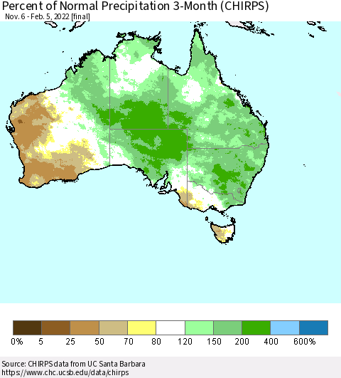 Australia Percent of Normal Precipitation 3-Month (CHIRPS) Thematic Map For 11/6/2021 - 2/5/2022
