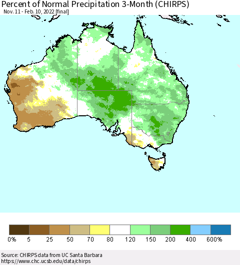 Australia Percent of Normal Precipitation 3-Month (CHIRPS) Thematic Map For 11/11/2021 - 2/10/2022