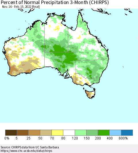 Australia Percent of Normal Precipitation 3-Month (CHIRPS) Thematic Map For 11/16/2021 - 2/15/2022
