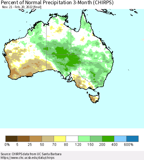 Australia Percent of Normal Precipitation 3-Month (CHIRPS) Thematic Map For 11/21/2021 - 2/20/2022