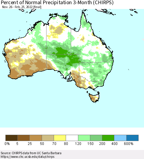 Australia Percent of Normal Precipitation 3-Month (CHIRPS) Thematic Map For 11/26/2021 - 2/25/2022