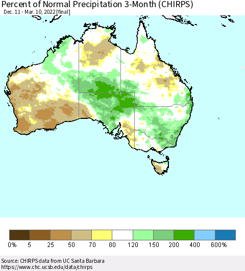 Australia Percent of Normal Precipitation 3-Month (CHIRPS) Thematic Map For 12/11/2021 - 3/10/2022