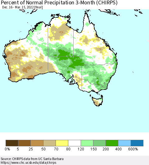 Australia Percent of Normal Precipitation 3-Month (CHIRPS) Thematic Map For 12/16/2021 - 3/15/2022