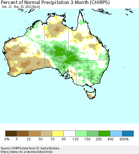 Australia Percent of Normal Precipitation 3-Month (CHIRPS) Thematic Map For 12/21/2021 - 3/20/2022