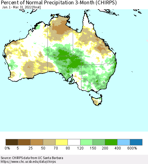 Australia Percent of Normal Precipitation 3-Month (CHIRPS) Thematic Map For 1/1/2022 - 3/31/2022