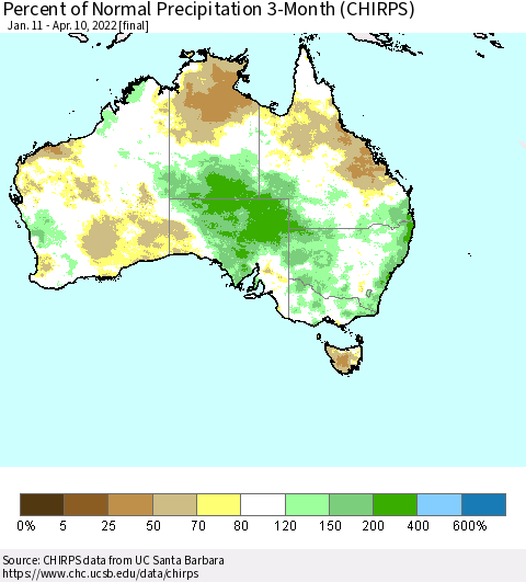 Australia Percent of Normal Precipitation 3-Month (CHIRPS) Thematic Map For 1/11/2022 - 4/10/2022
